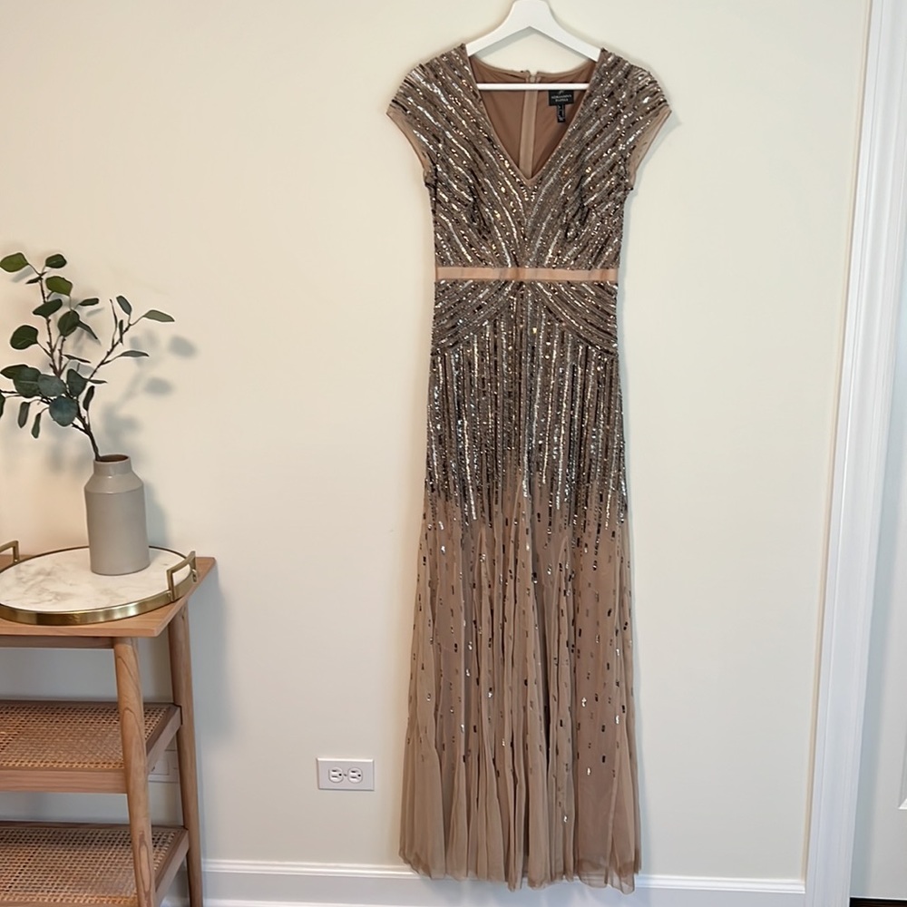 Adrianna Papell V Neck Sequined Gown in Nude